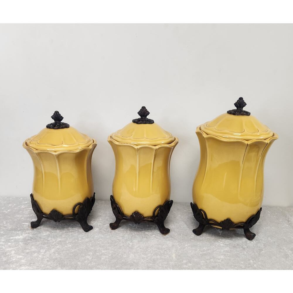 BELAVERRA Kitchenware Yellow Ceramic Canister Fleur-De-Lis Design- Set Of 3